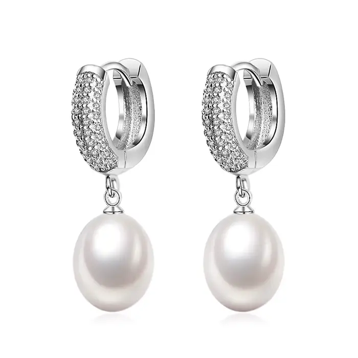 Boucles d'oreilles en argent 925 avec perles naturelles pour femmes et filles, cerceau suspendu blan