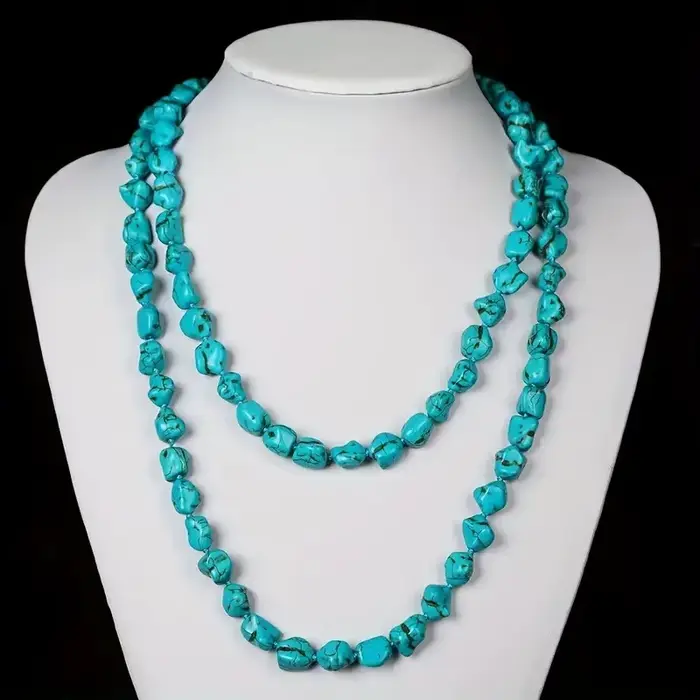 Collier sans fin de perles turquoise pour femmes et adolescentes, style Boho, longue pierre nouée, multicouche, bijoux faits à la main