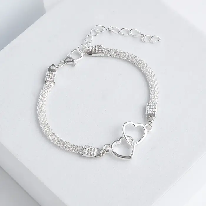 Bracelets de Couple en forme de cœur d'amour pour femmes et hommes, couleur argent, Double couche, c
