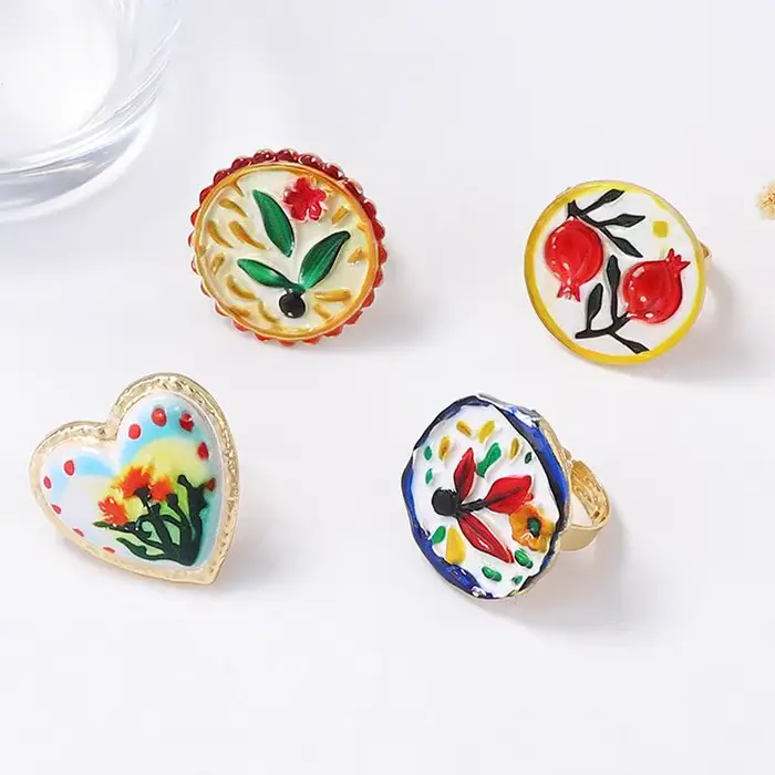 Bague en alliage de zinc style ethnique imprimé fleurs et grenate unique pour femmes occasions générales tracker d'humeur