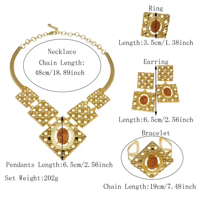 Ensemble de bijoux en or plaqué avec collier, boucles d'oreilles, bague et bracelet pour femmes et unisexe occasions spéciales et cadeaux de vacances