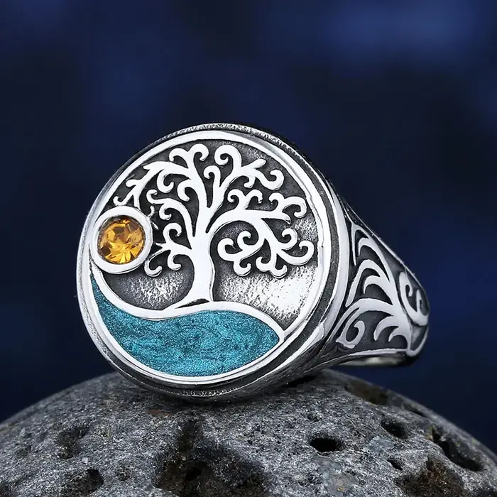 Bague arbre de vie viking vintage motif jaune acier inoxydable pour hommes et femmes occasions spéciales soirée cadeau de couple