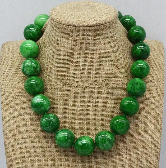 Énorme collier en pierres précieuses de jade vert naturel de 14 mm, 18 pouces, AAA