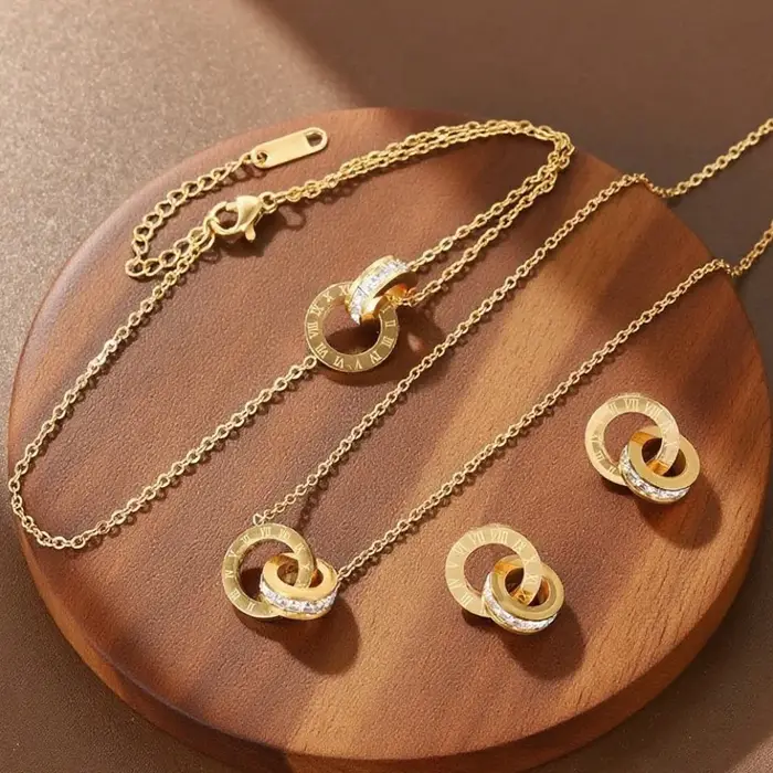 Femmes classiques chiffres romains bijoux ensemble en acier inoxydable polyvalent simple collier quotidien bracelet boucles d'oreilles accessoire
