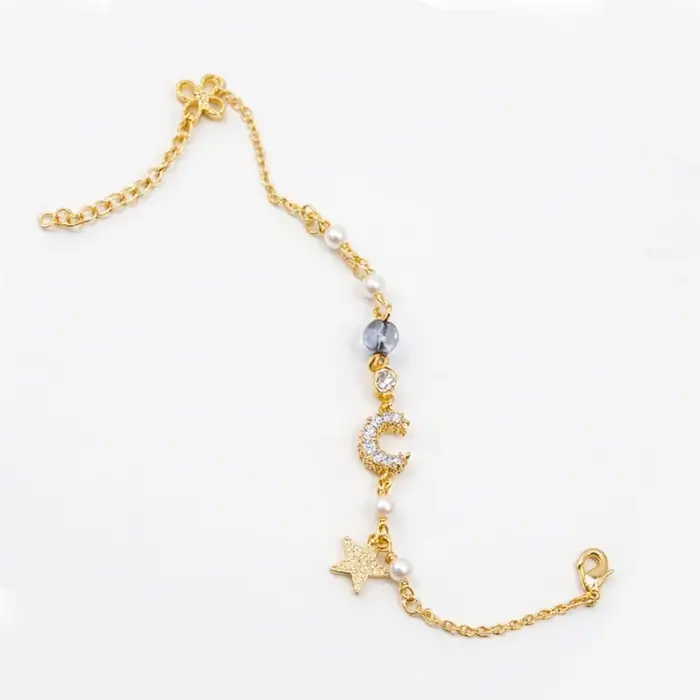Bracelet bohème plaqué or 14 carats avec lune et étoile pour femme