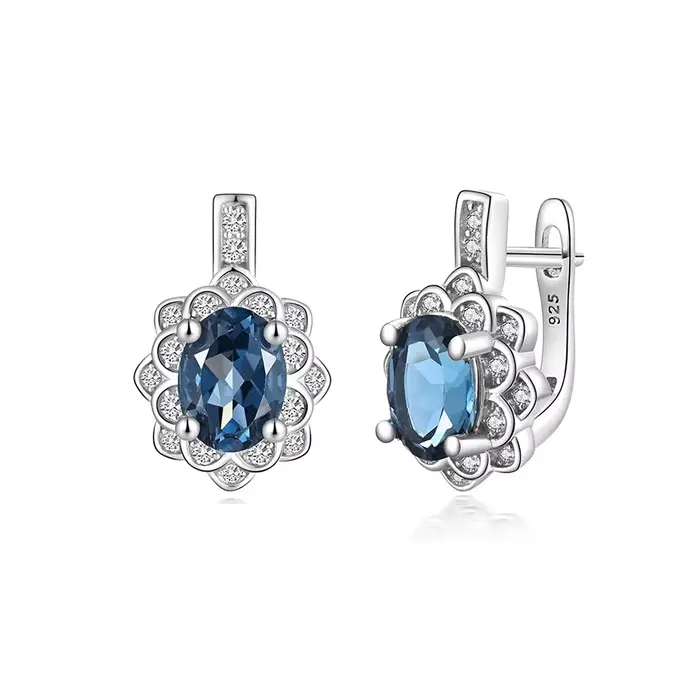 Boucles d'oreilles TBJ en topaze bleue naturelle de Londres, argent sterling 925, design classique, 