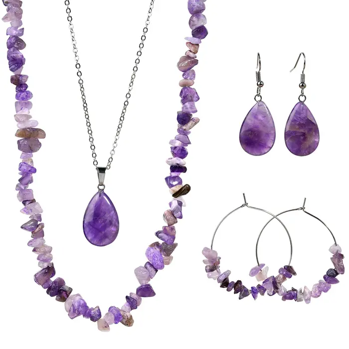 Ensemble de boucles d'oreilles et collier en améthyste en pierre naturelle, 6 pièces, bijoux bohème 