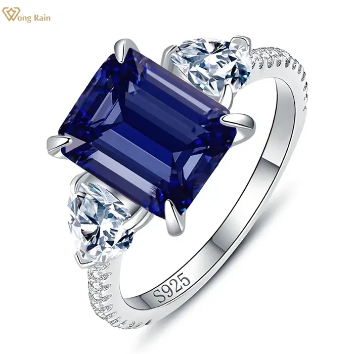 Wong Rain 925 argent Sterling 8*10 MM saphir Citrine aigue-marine émeraude rubis gemme de fiançailles femmes bague bijoux fins en gros