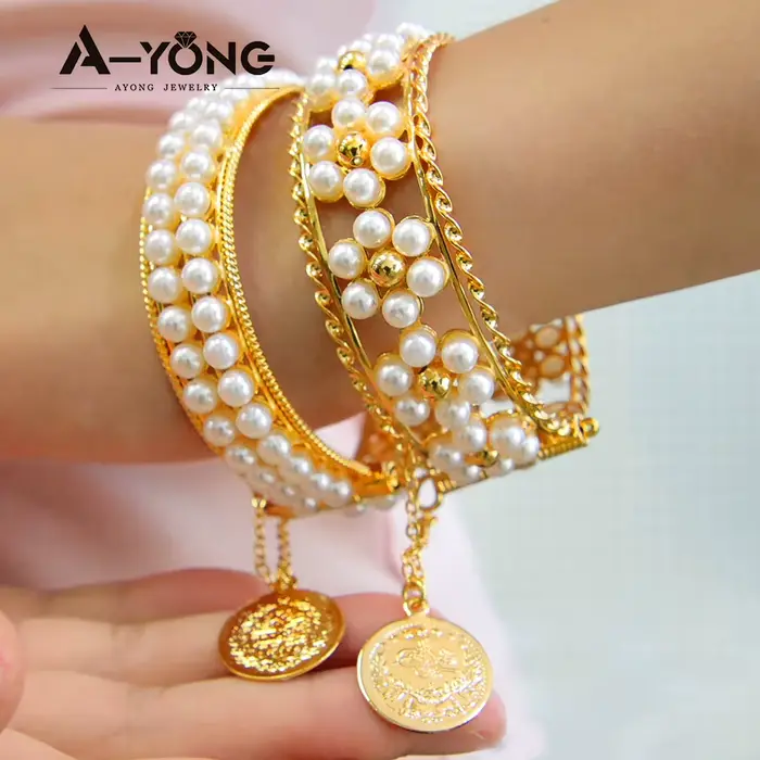 Bracelets en or plaqué 21 carats pour femmes, perles élégantes italiennes, bracelets de manchette de luxe, bracelets arabes brésiliens, bijoux de fête de la fête des mères