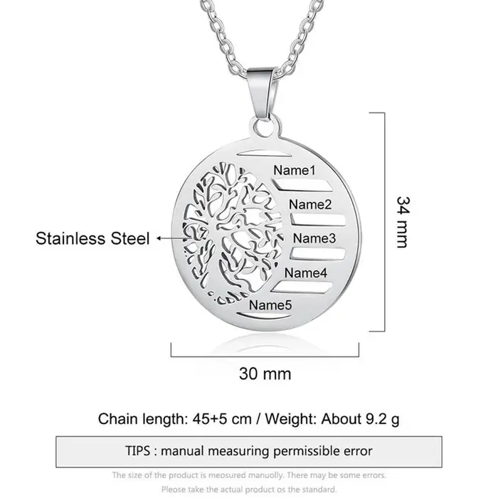 Collier avec nom sculpté de famille arbre de vie pour femmes