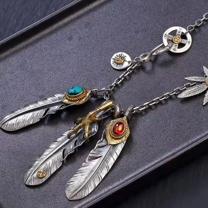 Collier chaîne rétro avec pendentif plume turquoise, pour hommes et femmes, longue chaîne de pull vi