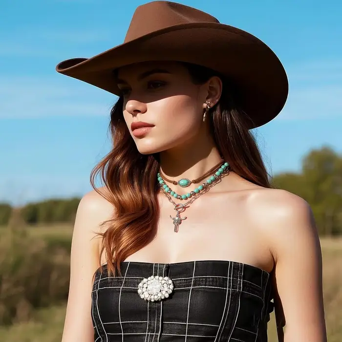 Collier Superposé Vintage Femme Perles Turquoises Motif Géométrique Punk Robe Cowgirl Accessoires Occasions Spéciales