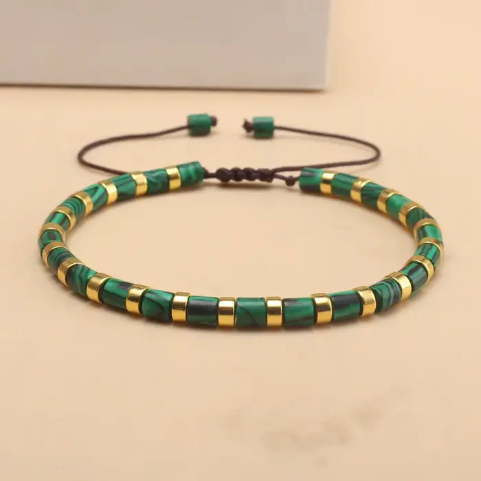 Bracelet bohème en malachite naturelle, tissage de perles fait à la main réglable, adapté aux hommes