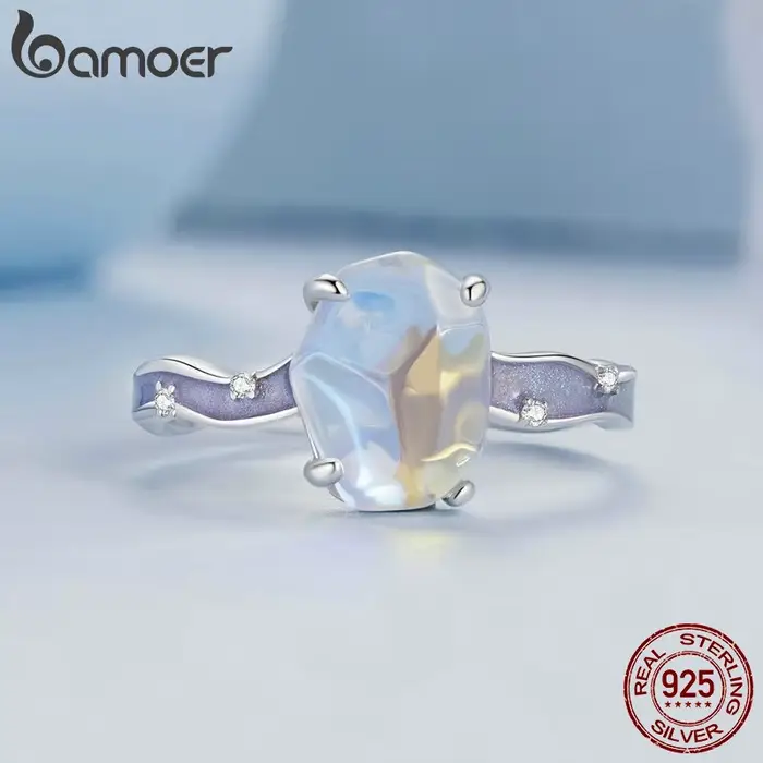 Bamoer solide 925 en argent Sterling violet pierre Aurora bague vague bande anneau pour les femmes fête bijoux fins cadeau