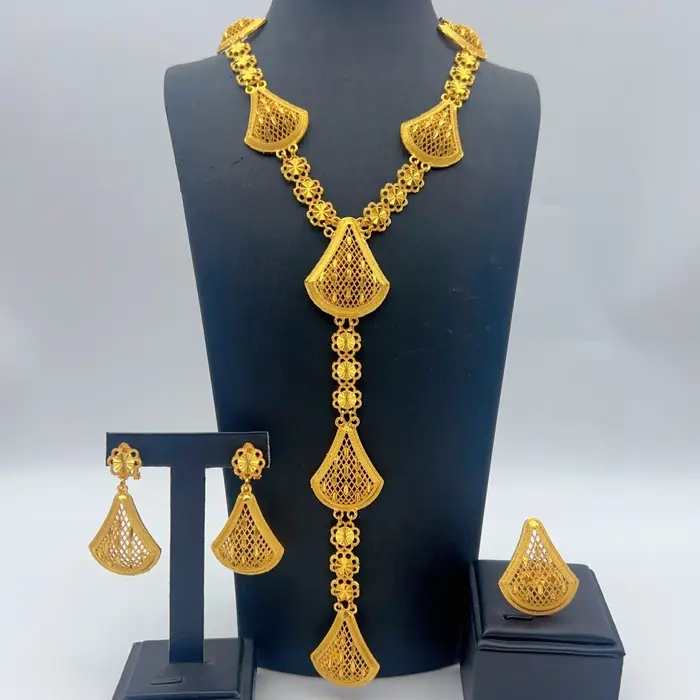 Ensemble de bijoux plaqué or 24 carats du Nigeria pour femmes, collier long et boucles d'oreilles, s