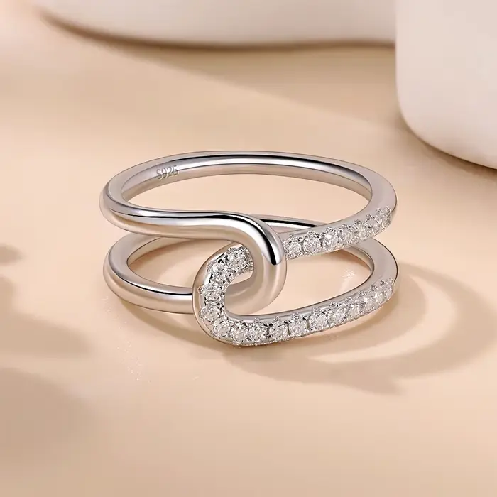 LinkerLove Moissanite alliance S925 bague de fiançailles en argent Sterling pour les femmes Double bague de promesse en forme de U bijoux fins de fête