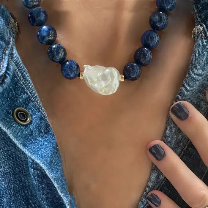 Collier ras du cou en perles naturelles Sodalite pour homme et femme, bijou rétro avec pendentif cheval, cadeau pour fêtes et banquets