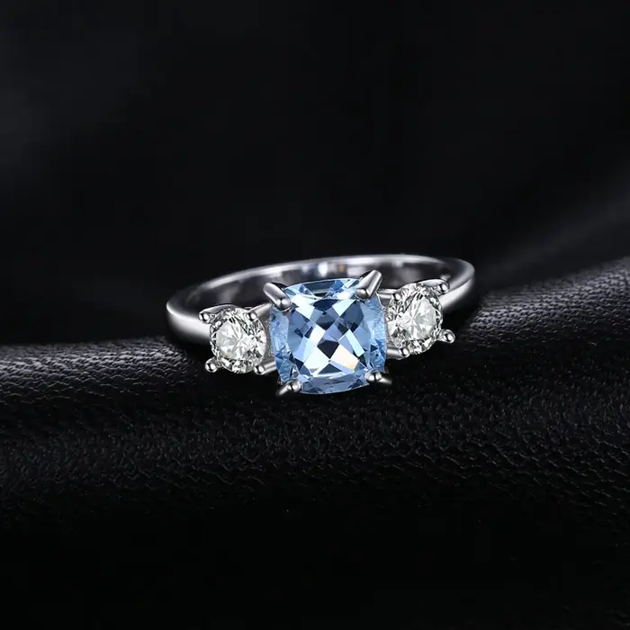 1.9ct carré naturel bleu ciel topaze 925 en argent Sterling 3 bague en pierre pour les femmes pierres précieuses bijoux