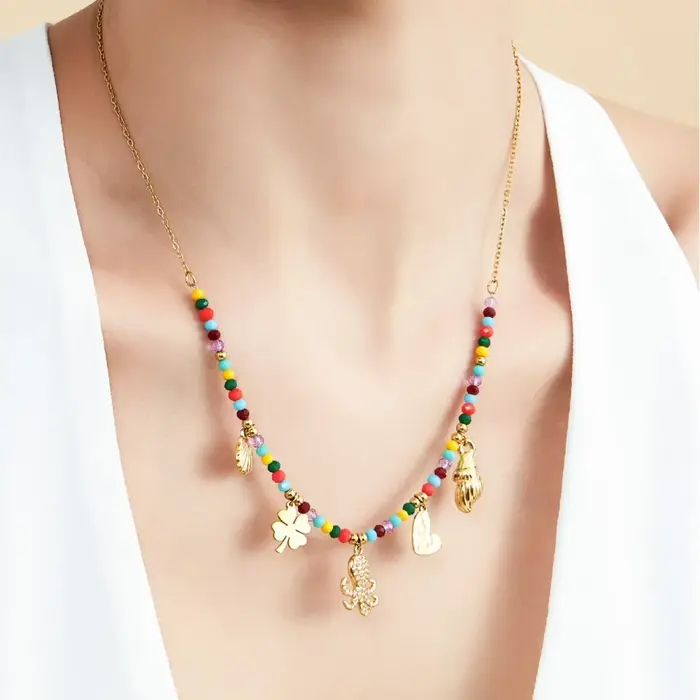Collier de perles multicolores en acier inoxydable plaqué or 18 carats