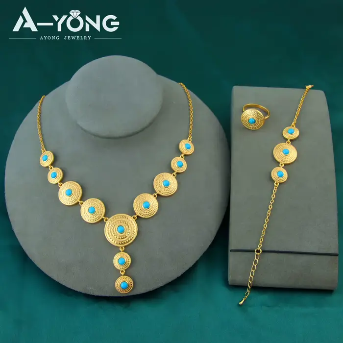 Ensemble de bijoux Turquoise plaqué or 24 carats, collier de mariée éthiopien, Bracelet, boucles d'oreilles, bijoux de mariage pour femmes arabes, mode dubaï