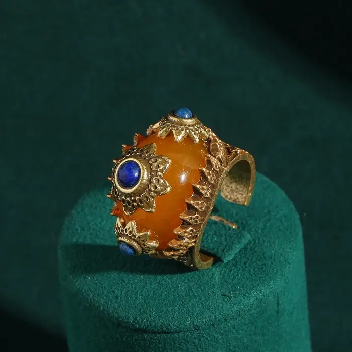Bagues de Soleil Vintage en Or Bleu pour Femme, Pierre Jaune Simple, Cadeau de ixdes Mères, Accessoi