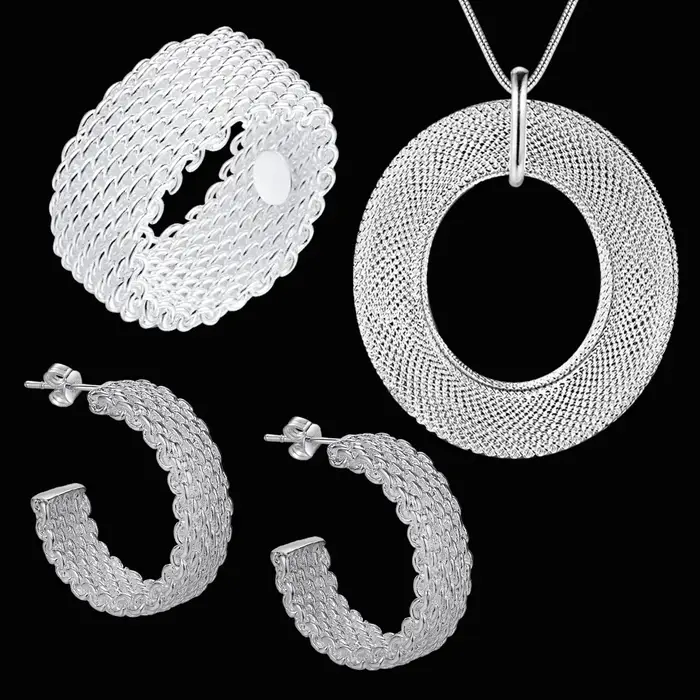 925 argent Sterling tissage pendentif collier boucles d'oreilles bagues pour femme mode fête accesso