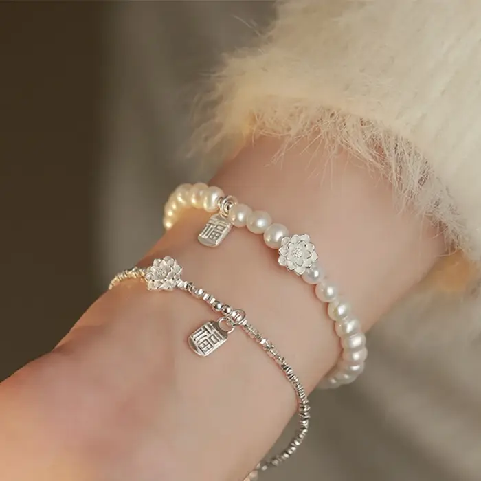 Bracelet en argent regardé 925 avec perle et fleur pour femme