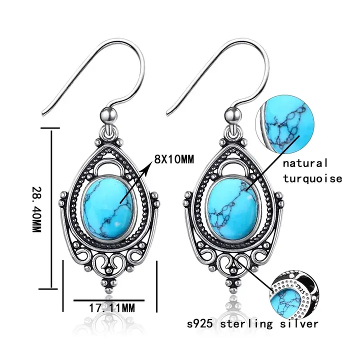 Boucles d'oreilles ovales Turquoise en argent Sterling 925 pour femmes, design vintage, occasion spéciale, engagement, anniversaire, fête