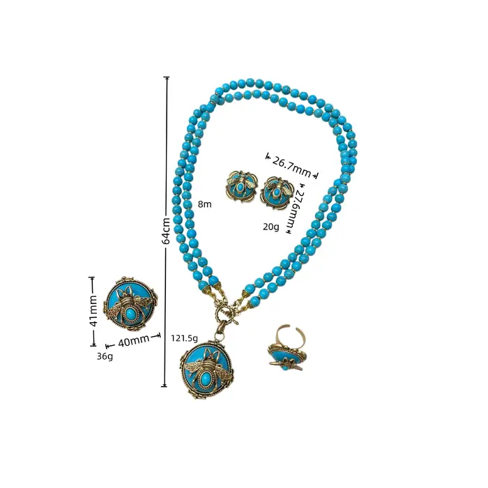 Ensemble de collier double couche turquoise rétro pour femme avec bague boucles doreilles et broche bijoux vintage style rétro à offrir pour occasions spéciales