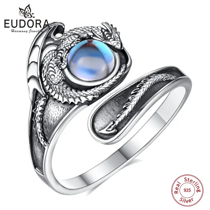 Bague ajustable en argent sterling 925 Eudora avec dragon et pierre de lune