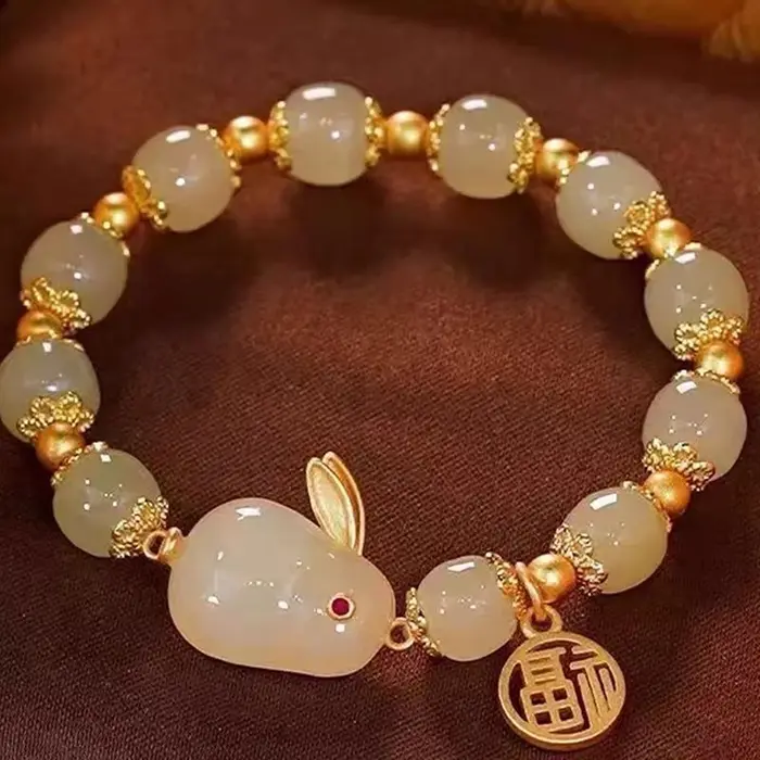 Bracelet lapin pendentif rond perlé Bracelet réglable Vintage perles Bracelets Style chinois Vintage