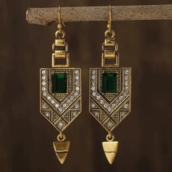 Boucles d'oreilles pendantes en biscuits vert géométrique vintage pour femmes, incrustation de pierr