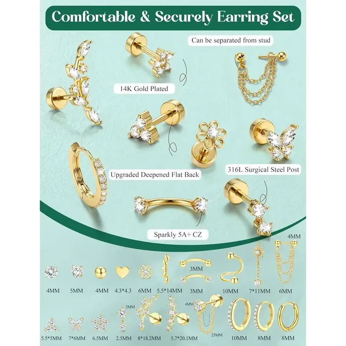 Boucles d'oreilles Bobisty plaquées or 14 carats pour piercing hélix, en acier chirurgical, à dos plat, empilables pour femme, avec chaîne en zircon cubique, clous et créoles