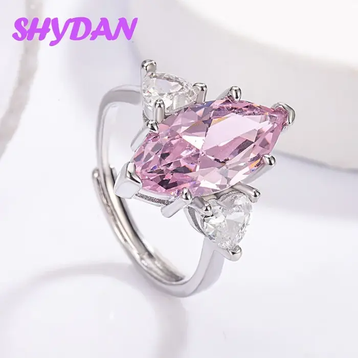 Bague ajustable en argent sterling 925 avec zircon cubique rose en forme de goutte d'eau, vente flas