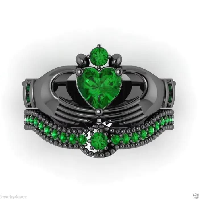 Bague classique de laboratoire émeraude Claddagh, ensemble de bagues de mariage en or blanc pour fem