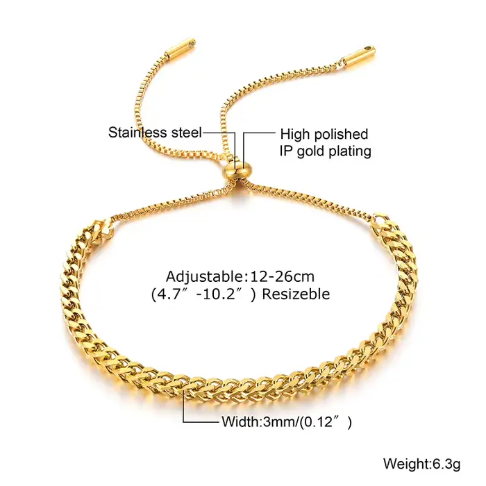 Bracelet hommes chaîne française 3mm, lien coulissant en acier inoxydable a Bracelets réglables pour