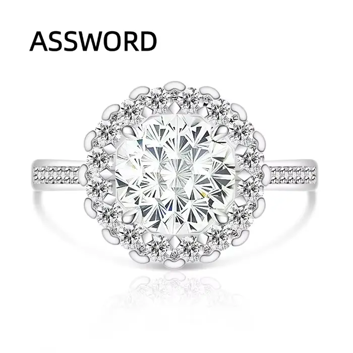 Bague en argent sterling 925 avec zircon rond taillé en forme de tournesol, double halo pavé, bande 