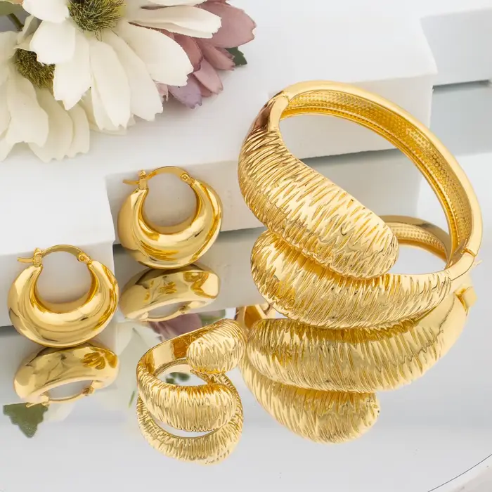 Ensemble de bijoux éthiopiens en or pour dames, bracelet à main et bague de cocktail, design rétro, 