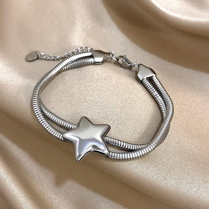 Bracelet élastique Vintage double couche en acier inoxydable, étoile brillante, couleur or argent, c