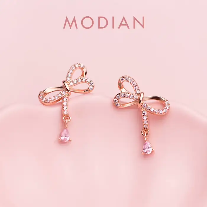 Modian – boucles d'oreilles élégantes à nœud papillon pour femmes, cristal Rose, couleur or Rose, ac
