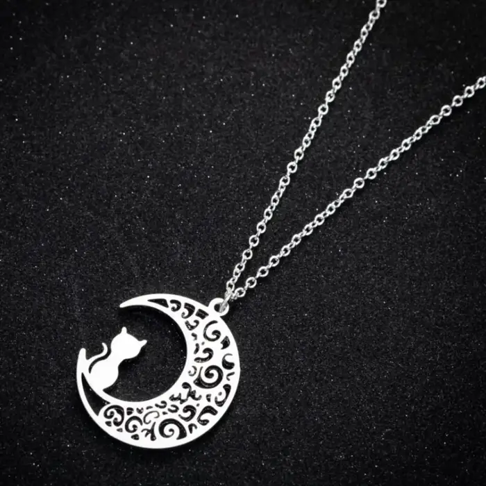 Collier pendentif chat lune pour femmes et filles