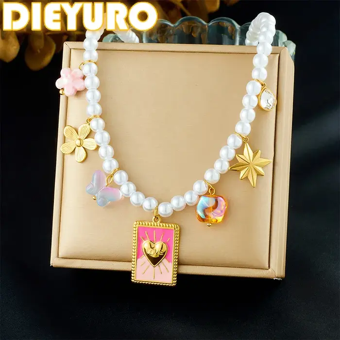 DIEYURO 316L acier inoxydable doré carré fleur étoile rose cristal pendentif perle collier de perles dame cou chaîne bijoux cadeau