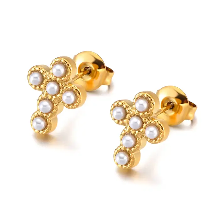 Boucles d'oreilles croix religieuse pour femmes, en acier inoxydable, perles simulées, plaqué or, bi