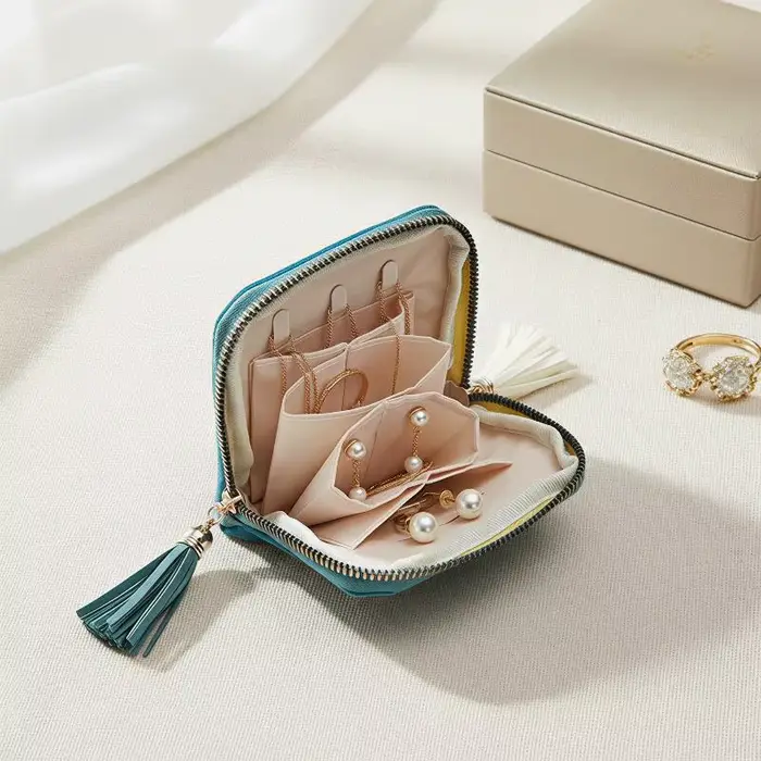 Pochette à bijoux en velours doux, plusieurs compartiments intérieurs, fermeture éclair à pompon lisse, organisateur portable pour femmes, voyages d'affaires