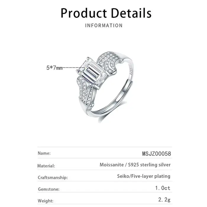 Bague en argent sterling 925 à taille ajustable pour femme, couleur D, VVS1, coupe radiante 5x7mm, bague de mariage en moissanite