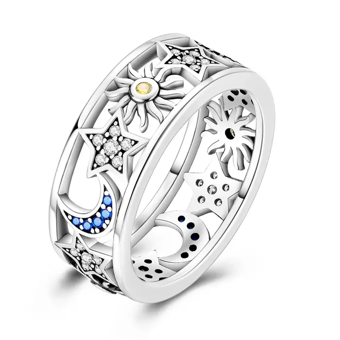 Bague en argent sterling 925 Soleil Lune Étoile pour femme, incrustée de CZ, style vintage ajouré, b