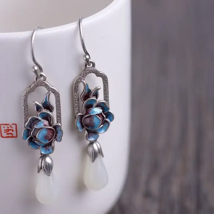 Boucles d'oreilles en porcelaine émaillée de Magnolia blanche Hetian naturelle, breloque bohème chin