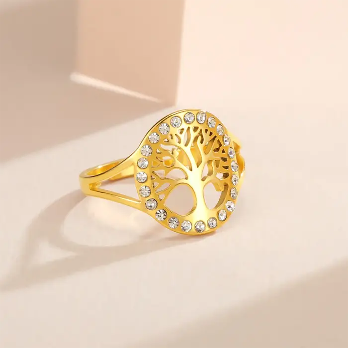 Skyrim arbre de vie clair Zircon rond anneau en acier inoxydable couleur or réglable femmes bagues amulette bijoux en gros
