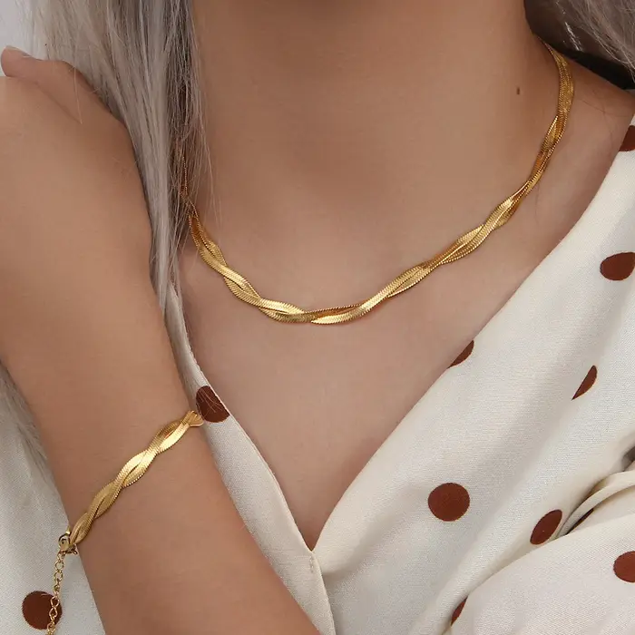 E.B.belle – ensemble de bracelets et colliers en chaîne à chevrons tressées imperméables plaqués or