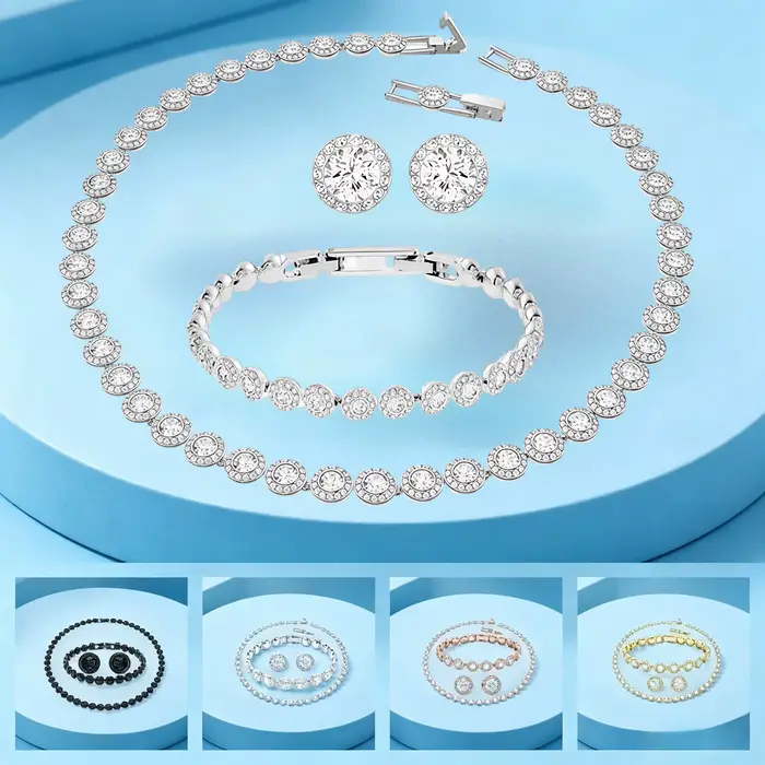 Ensemble de bijoux en cristal rond, nouveauté 2026, best-seller | Coffret Cadeau Luxe 3 Pièces pour Femme (Collier, Bracelet, Boucles d'Oreilles, Bague)